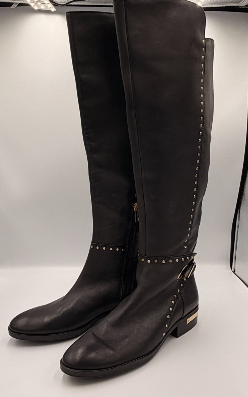 Vince Camuto Black Leather Tall Knee High Boots Zip Gold Studded Women 8.5M